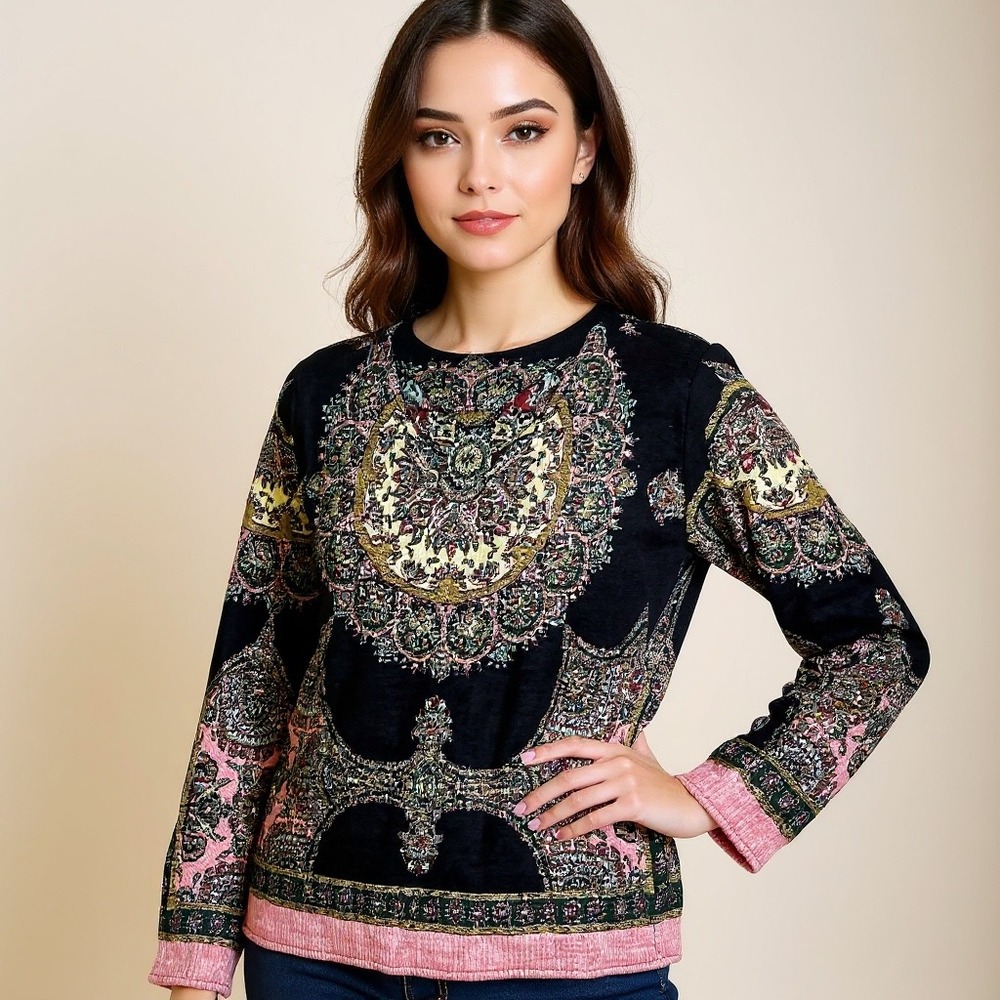 Soft Surroundings Kimono Style Jacket Duster One Size Black Pink Bohemian‎ Print